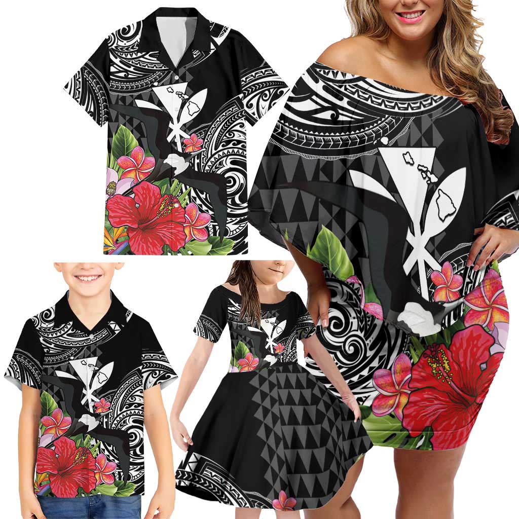 Hawaii Iwa Bird Family Matching Off Shoulder Short Dress and Hawaiian Shirt Great Frigatebird Kanaka Tropical Flowers - Polynesian Pride