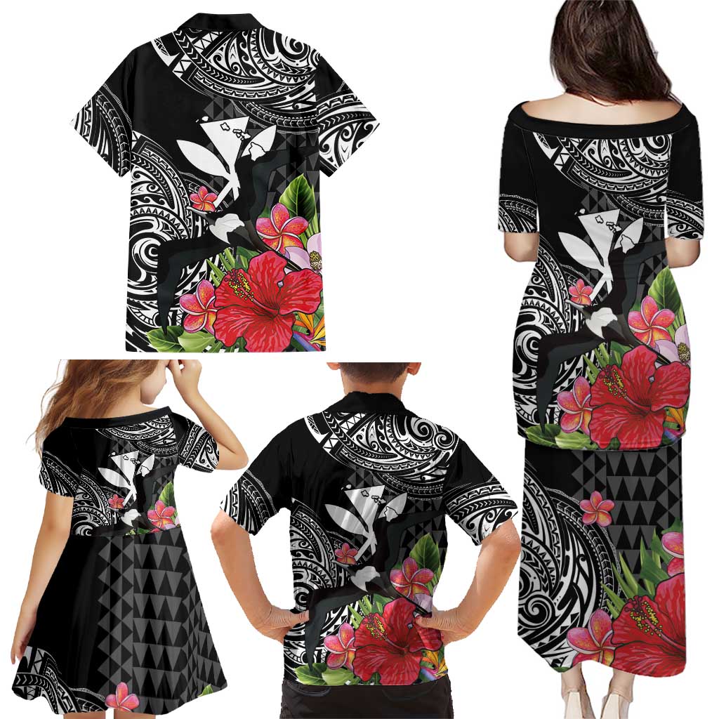 Hawaii Iwa Bird Family Matching Puletasi and Hawaiian Shirt Great Frigatebird Kanaka Tropical Flowers - Polynesian Pride