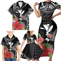 Hawaii Iwa Bird Family Matching Short Sleeve Bodycon Dress and Hawaiian Shirt Great Frigatebird Kanaka Tropical Flowers - Polynesian Pride