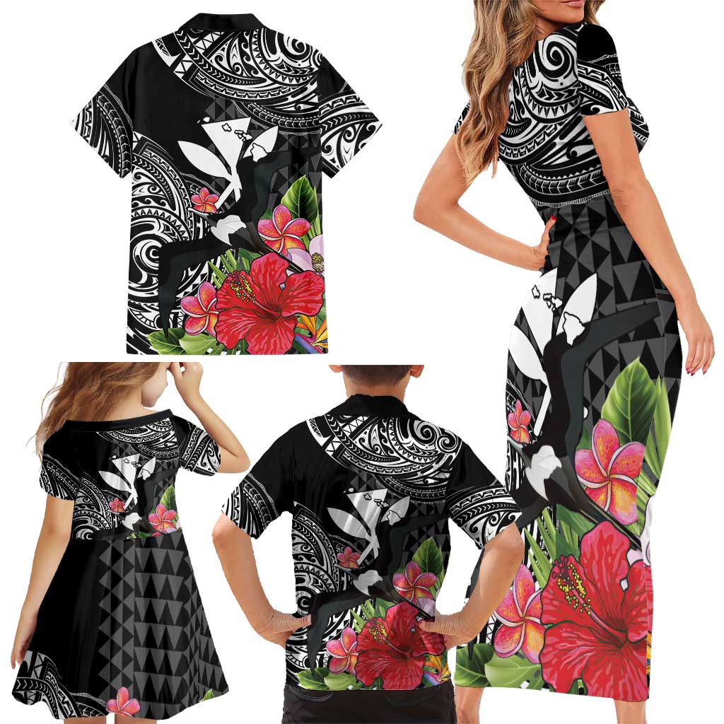Hawaii Iwa Bird Family Matching Short Sleeve Bodycon Dress and Hawaiian Shirt Great Frigatebird Kanaka Tropical Flowers - Polynesian Pride