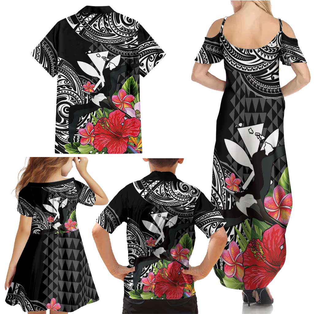 Hawaii Iwa Bird Family Matching Summer Maxi Dress and Hawaiian Shirt Great Frigatebird Kanaka Tropical Flowers - Polynesian Pride