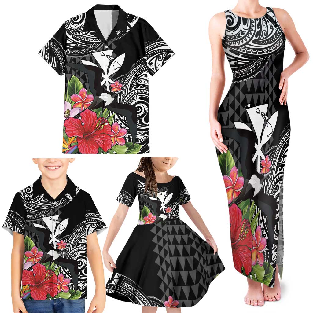 Hawaii Iwa Bird Family Matching Tank Maxi Dress and Hawaiian Shirt Great Frigatebird Kanaka Tropical Flowers - Polynesian Pride