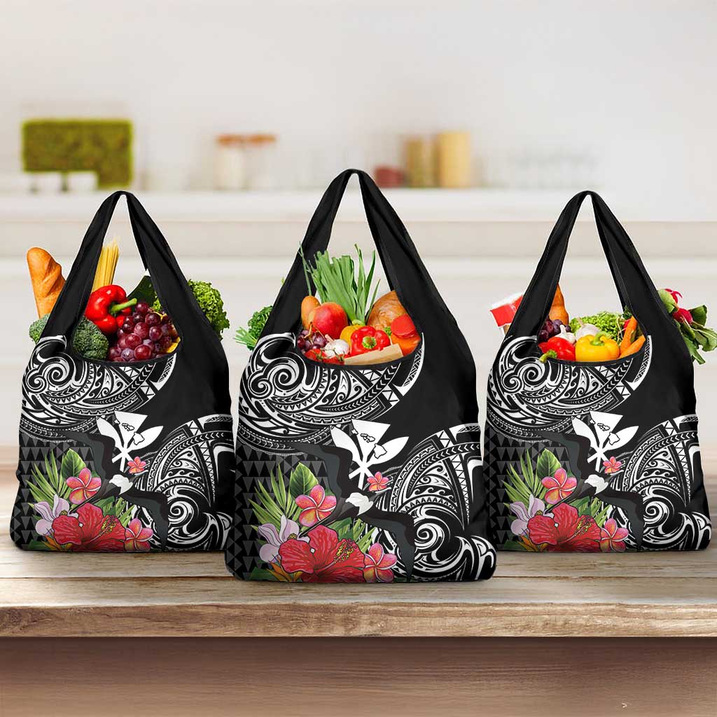 Hawaii Iwa Bird Grocery Bag Great Frigatebird Kanaka Tropical Flowers LT14 3-pack One Size Black - Polynesian Pride