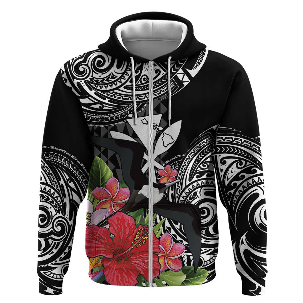 Hawaii Iwa Bird Hoodie Great Frigatebird Kanaka Tropical Flowers LT14 Zip Hoodie Black - Polynesian Pride