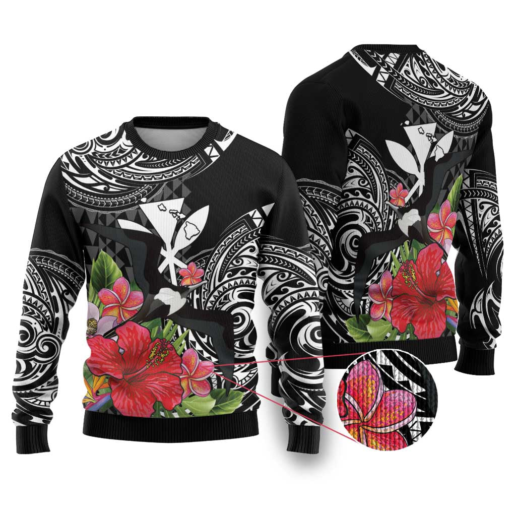 Hawaii Iwa Bird Ugly Christmas Sweater Great Frigatebird Kanaka Tropical Flowers LT14 Black - Polynesian Pride