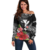 Hawaii Iwa Bird Off Shoulder Sweater Great Frigatebird Kanaka Tropical Flowers LT14 Women Black - Polynesian Pride