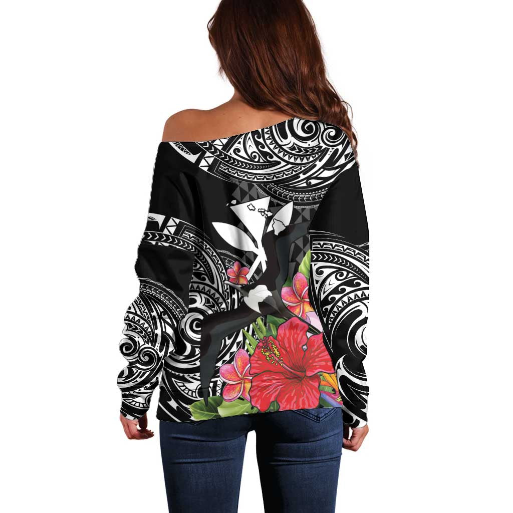 Hawaii Iwa Bird Off Shoulder Sweater Great Frigatebird Kanaka Tropical Flowers LT14 - Polynesian Pride