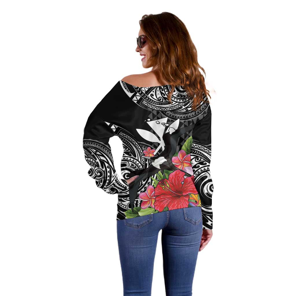 Hawaii Iwa Bird Off Shoulder Sweater Great Frigatebird Kanaka Tropical Flowers LT14 - Polynesian Pride