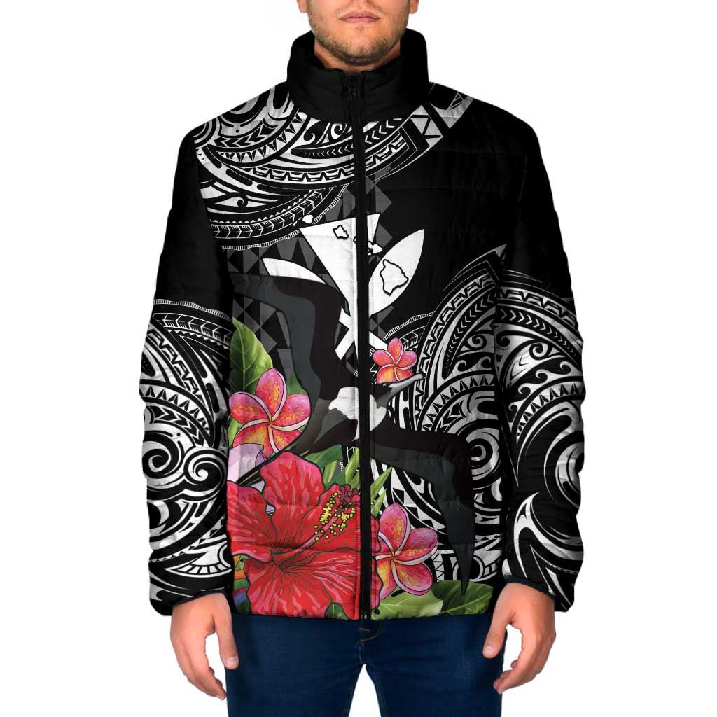 Hawaii Iwa Bird Padded Jacket Great Frigatebird Kanaka Tropical Flowers LT14 Men Black - Polynesian Pride