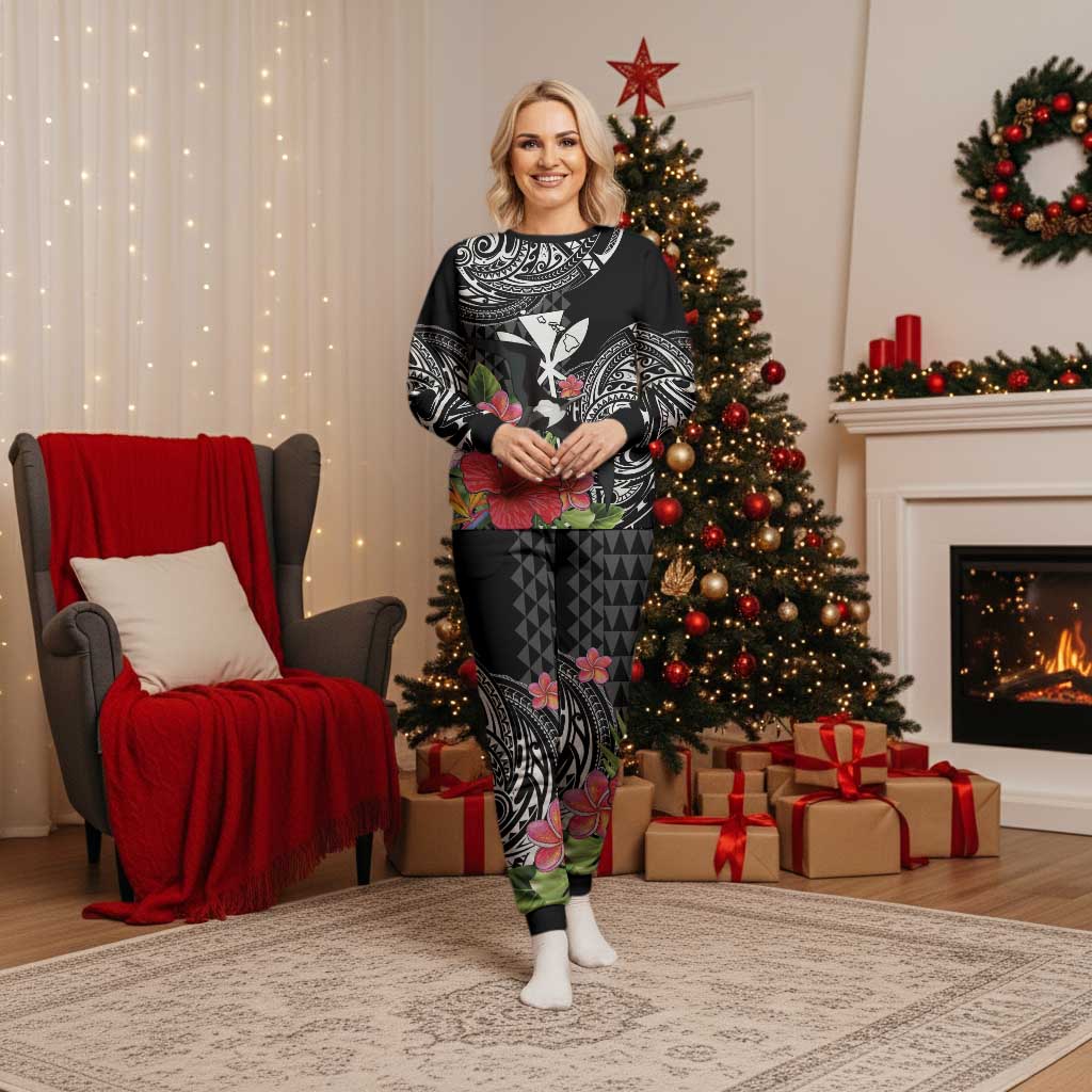 Hawaii Iwa Bird Christmas Pajama Set Great Frigatebird Kanaka Tropical Flowers LT14 Women Black - Polynesian Pride