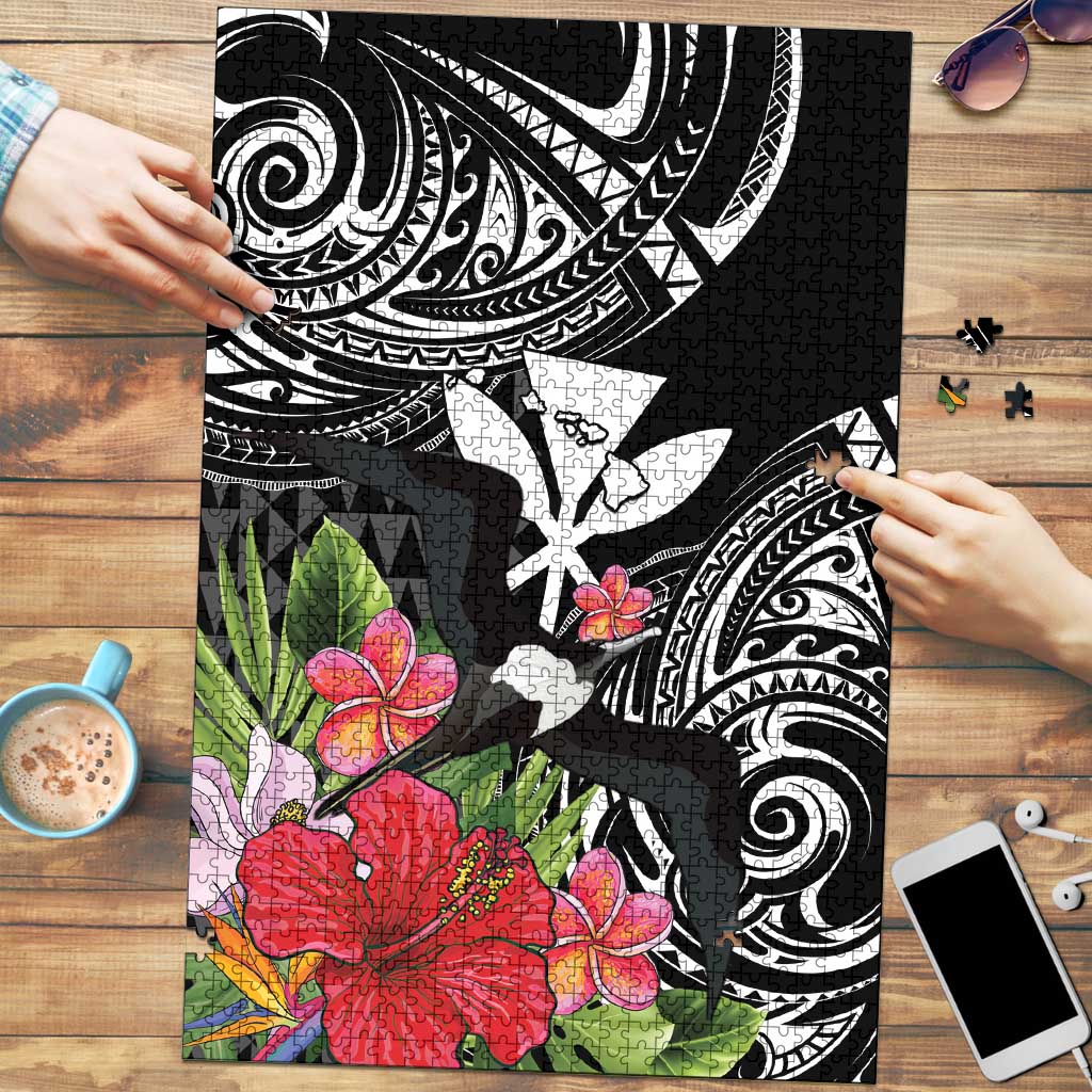 Hawaii Iwa Bird Puzzle Great Frigatebird Kanaka Tropical Flowers LT14 Black - Polynesian Pride