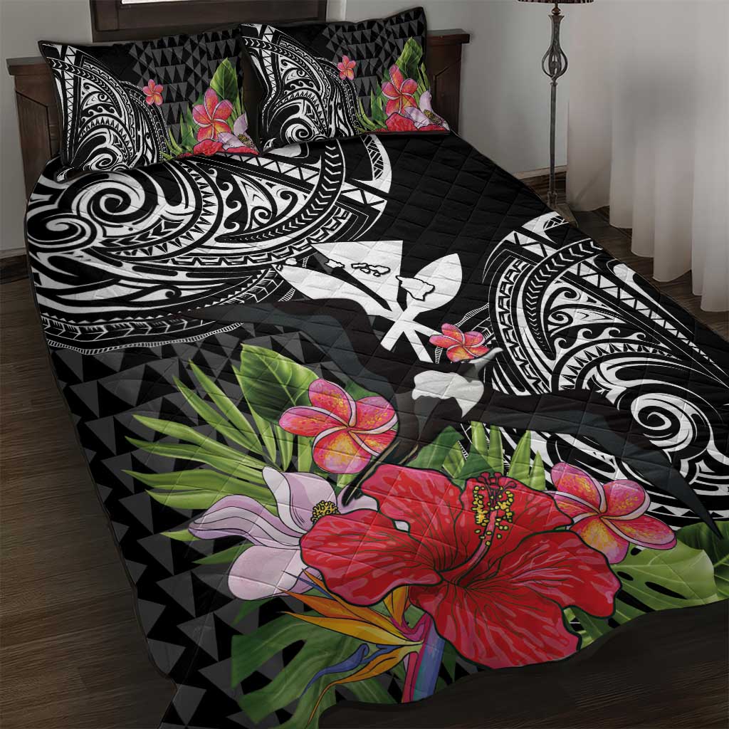 Hawaii Iwa Bird Quilt Bed Set Great Frigatebird Kanaka Tropical Flowers LT14 Black - Polynesian Pride