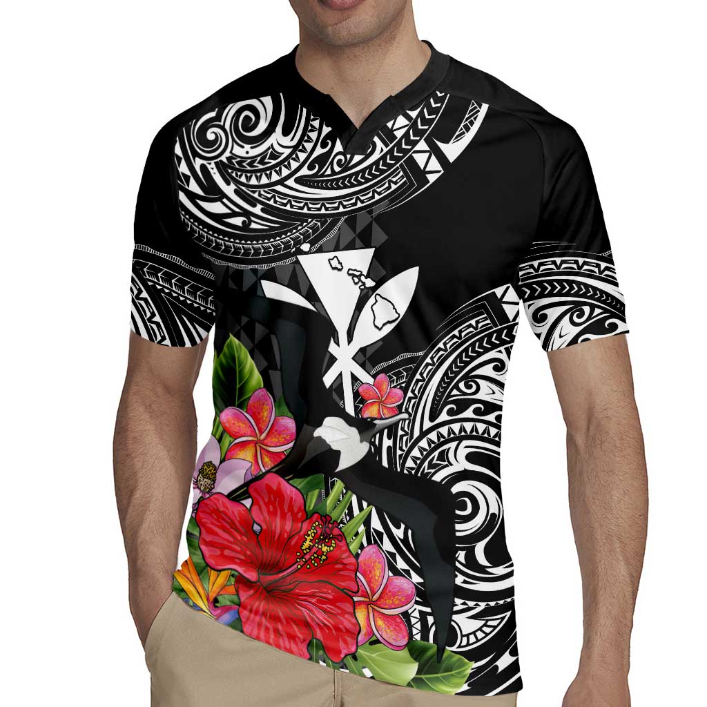 Hawaii Iwa Bird Rugby Jersey Great Frigatebird Kanaka Tropical Flowers LT14 - Polynesian Pride