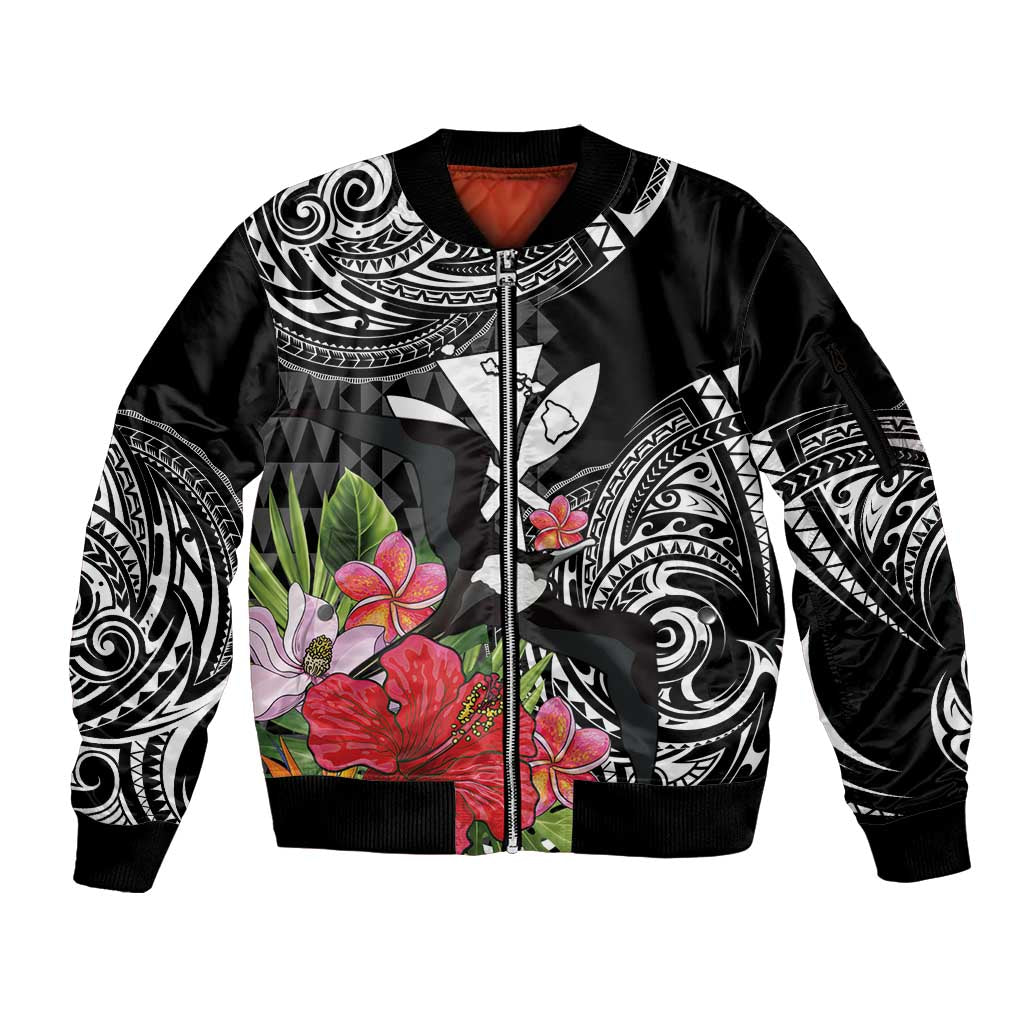 Hawaii Iwa Bird Sleeve Zip Bomber Jacket Great Frigatebird Kanaka Tropical Flowers - Polynesian Pride