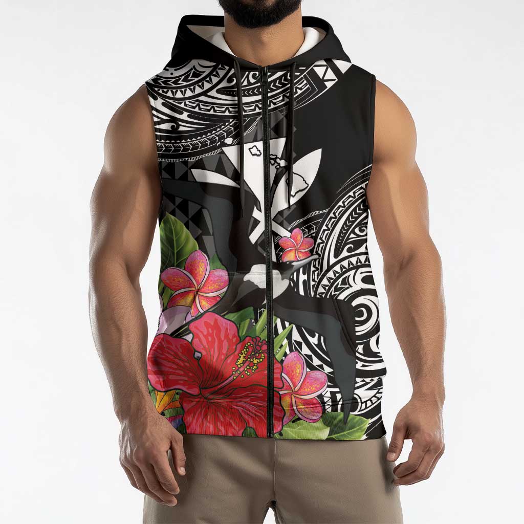 Hawaii Iwa Bird Sleeveless Zip Hoodie Great Frigatebird Kanaka Tropical Flowers LT14 - Polynesian Pride