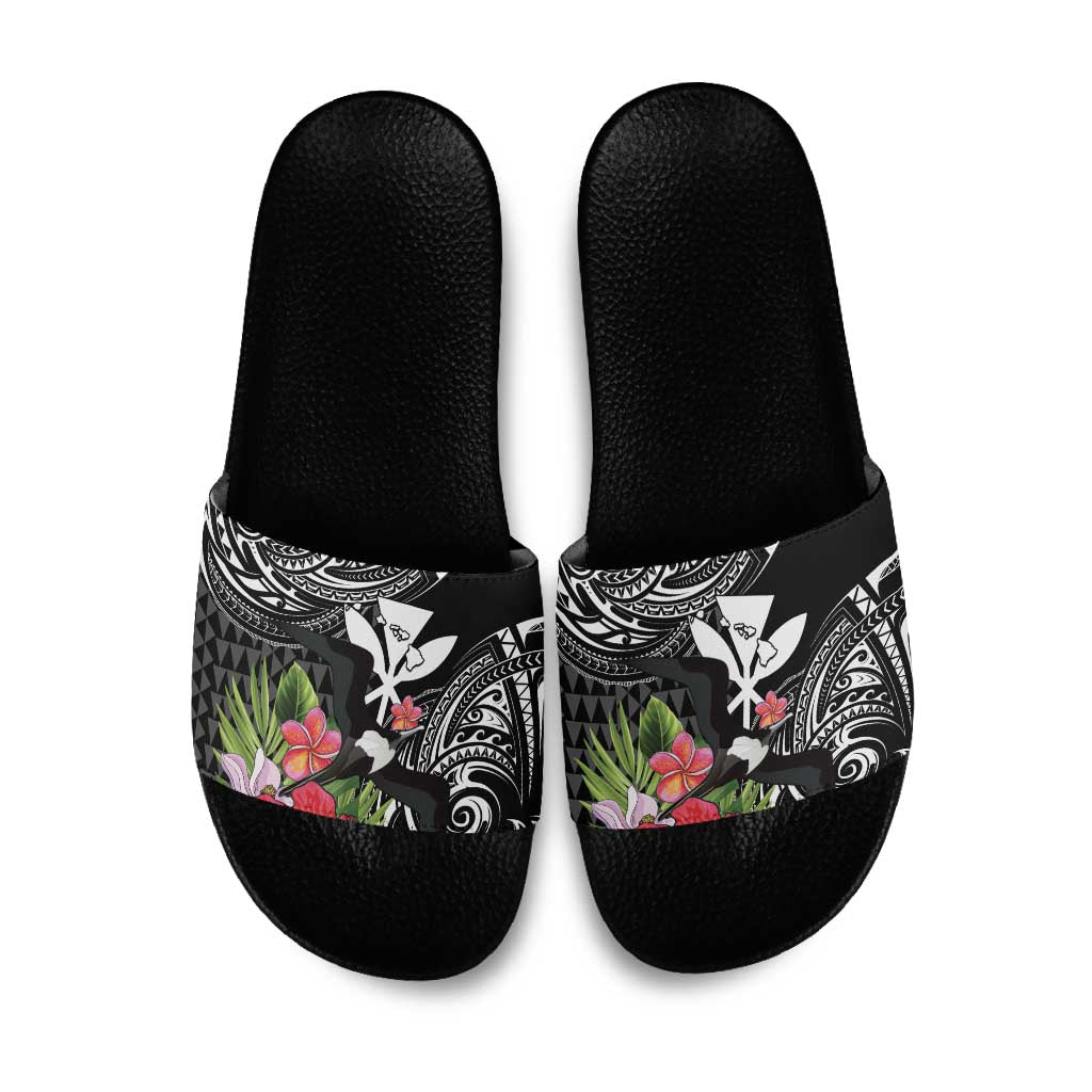 Hawaii Iwa Bird Slide Sandals Great Frigatebird Kanaka Tropical Flowers LT14 Black - Polynesian Pride