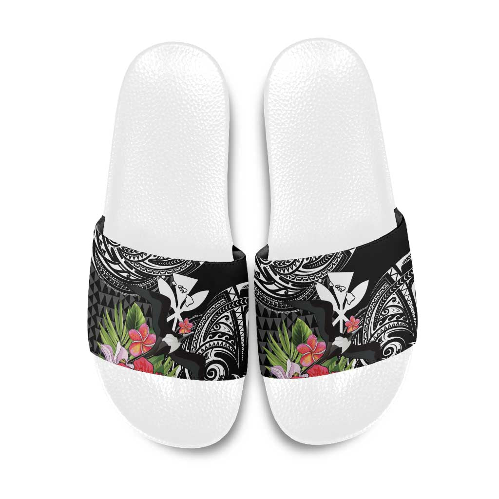 Hawaii Iwa Bird Slide Sandals Great Frigatebird Kanaka Tropical Flowers LT14 Black - Polynesian Pride