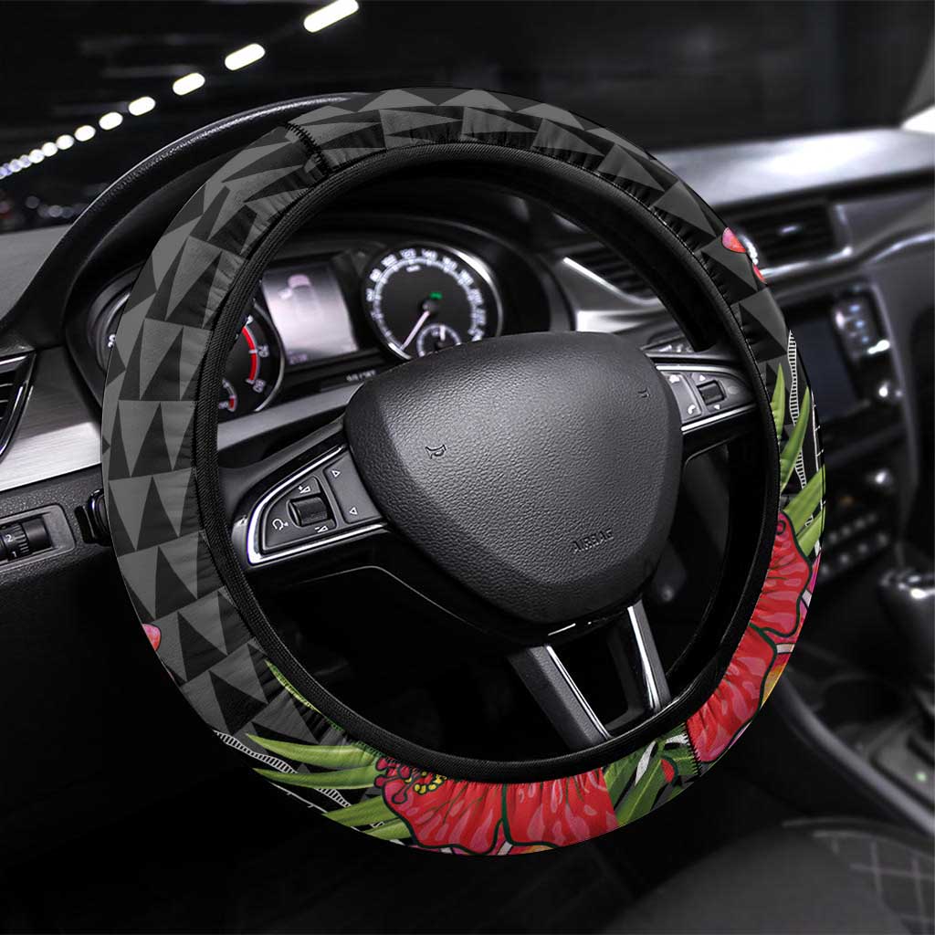 Hawaii Iwa Bird Steering Wheel Cover Great Frigatebird Kanaka Tropical Flowers LT14 Universal Fit Black - Polynesian Pride