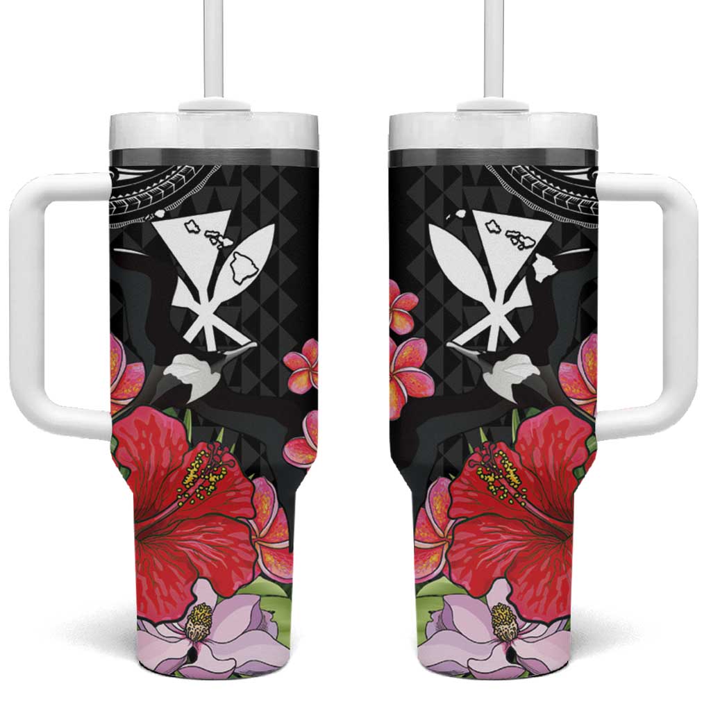 Hawaii Iwa Bird Tumbler With Handle Great Frigatebird Kanaka Tropical Flowers LT14 One Size: 40 oz Black - Polynesian Pride