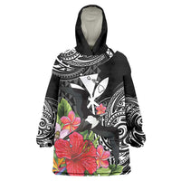 Hawaii Iwa Bird Wearable Blanket Hoodie Great Frigatebird Kanaka Tropical Flowers LT14 One Size Black - Polynesian Pride