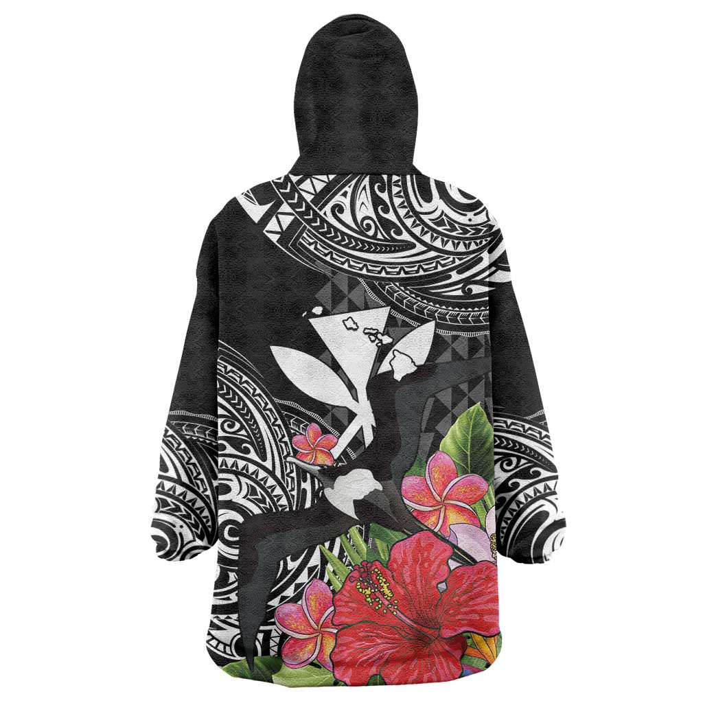 Hawaii Iwa Bird Wearable Blanket Hoodie Great Frigatebird Kanaka Tropical Flowers LT14 - Polynesian Pride