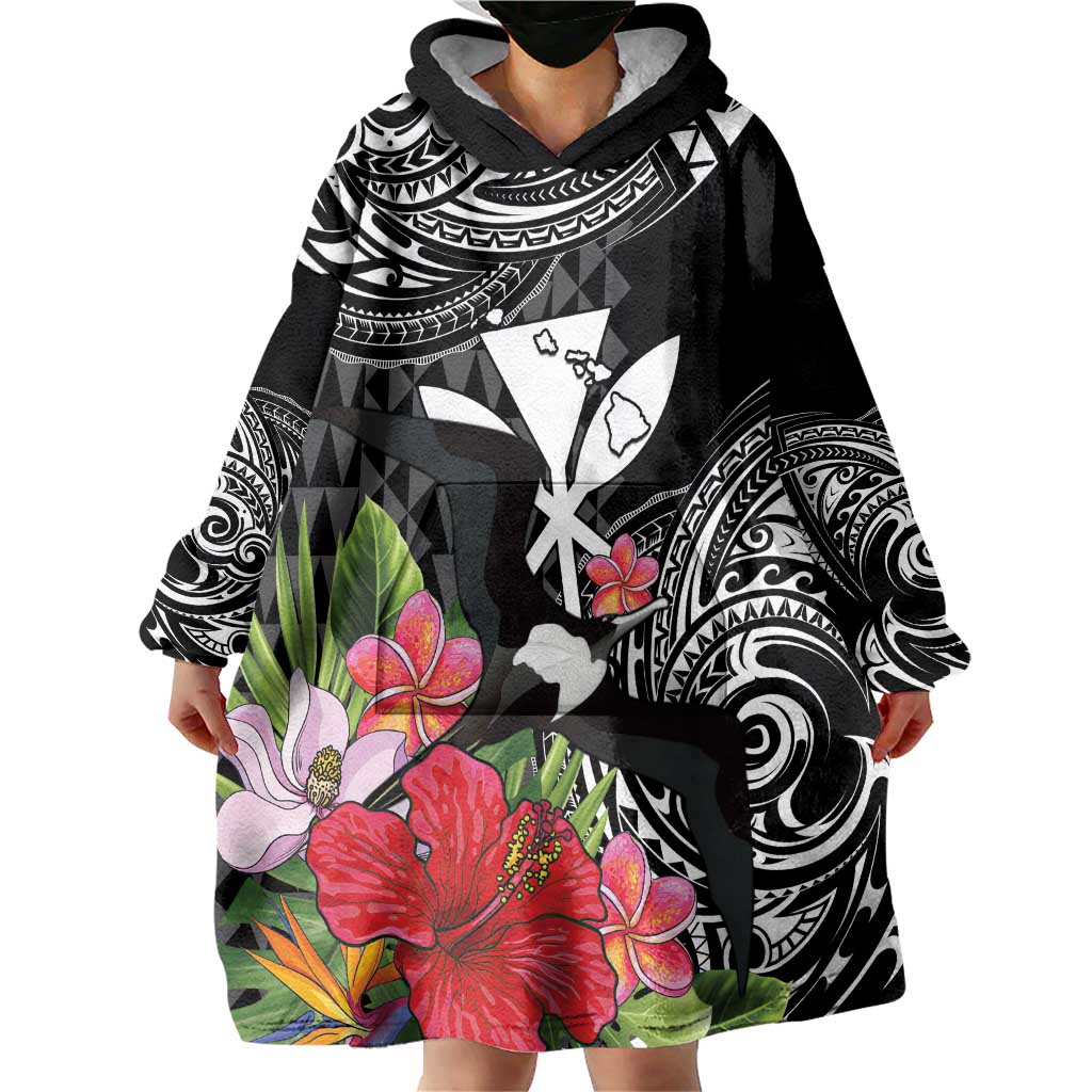Hawaii Iwa Bird Wearable Blanket Hoodie Great Frigatebird Kanaka Tropical Flowers LT14 - Polynesian Pride