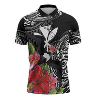 Hawaii Iwa Bird Zipper Polo Shirt Great Frigatebird Kanaka Tropical Flowers LT14 Black - Polynesian Pride
