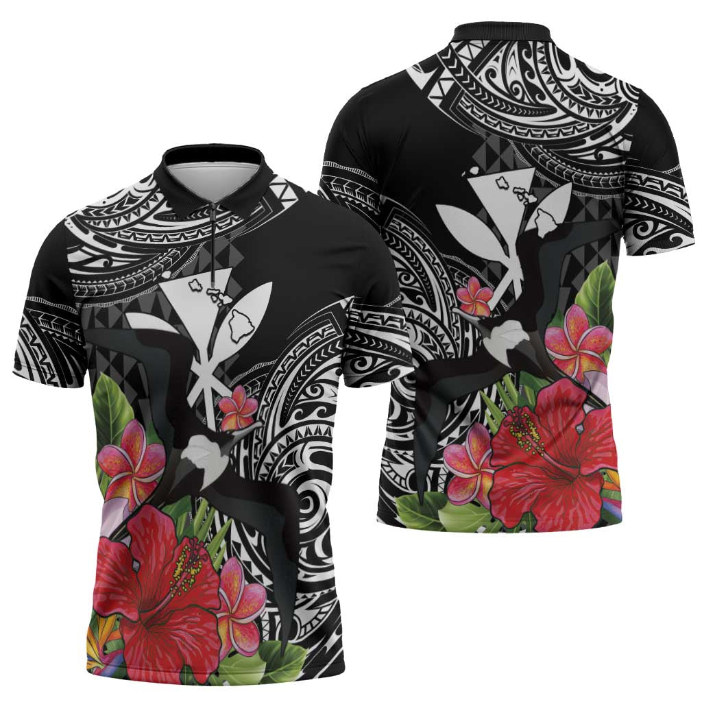 Hawaii Iwa Bird Zipper Polo Shirt Great Frigatebird Kanaka Tropical Flowers LT14 - Polynesian Pride