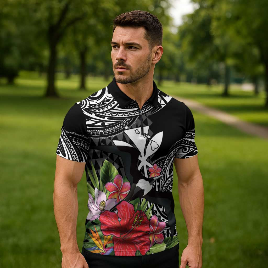 Hawaii Iwa Bird Zipper Polo Shirt Great Frigatebird Kanaka Tropical Flowers LT14 - Polynesian Pride