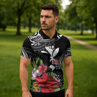 Hawaii Iwa Bird Zipper Polo Shirt Great Frigatebird Kanaka Tropical Flowers LT14 - Polynesian Pride
