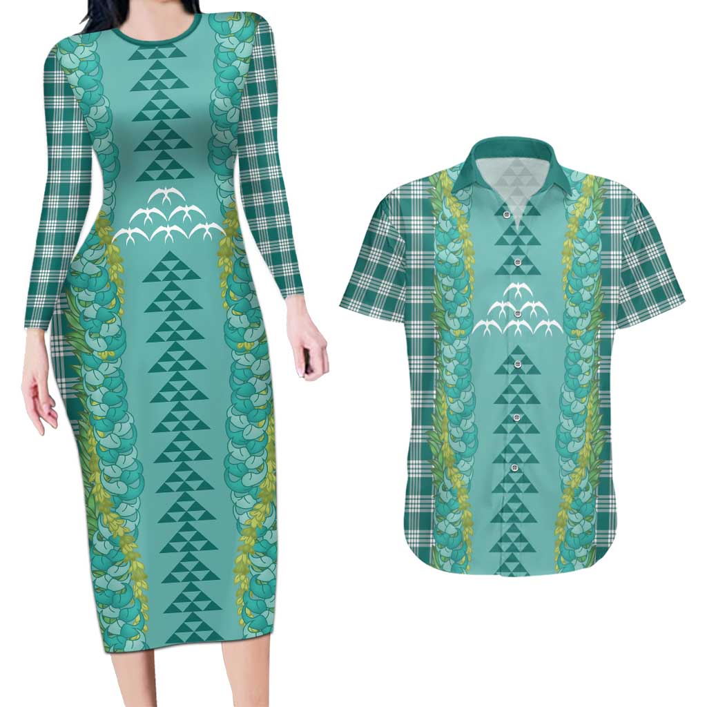 Teal Palaka Hawaii Iwa Bird Couples Matching Long Sleeve Bodycon Dress and Hawaiian Shirt Hawaiian Kakau Jade Vine Lei - Polynesian Pride