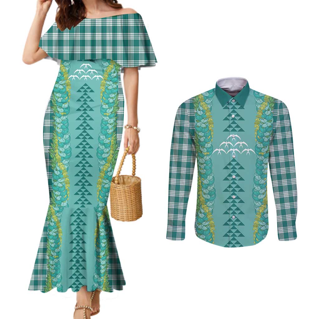 Teal Palaka Hawaii Iwa Bird Couples Matching Mermaid Dress and Long Sleeve Button Shirt Hawaiian Kakau Jade Vine Lei - Polynesian Pride