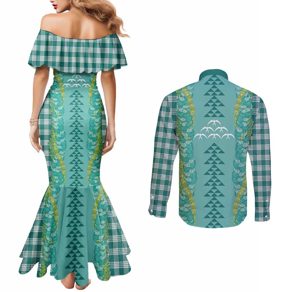 Teal Palaka Hawaii Iwa Bird Couples Matching Mermaid Dress and Long Sleeve Button Shirt Hawaiian Kakau Jade Vine Lei - Polynesian Pride
