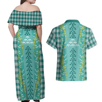 Teal Palaka Hawaii Iwa Bird Couples Matching Off Shoulder Maxi Dress and Hawaiian Shirt Hawaiian Kakau Jade Vine Lei - Polynesian Pride