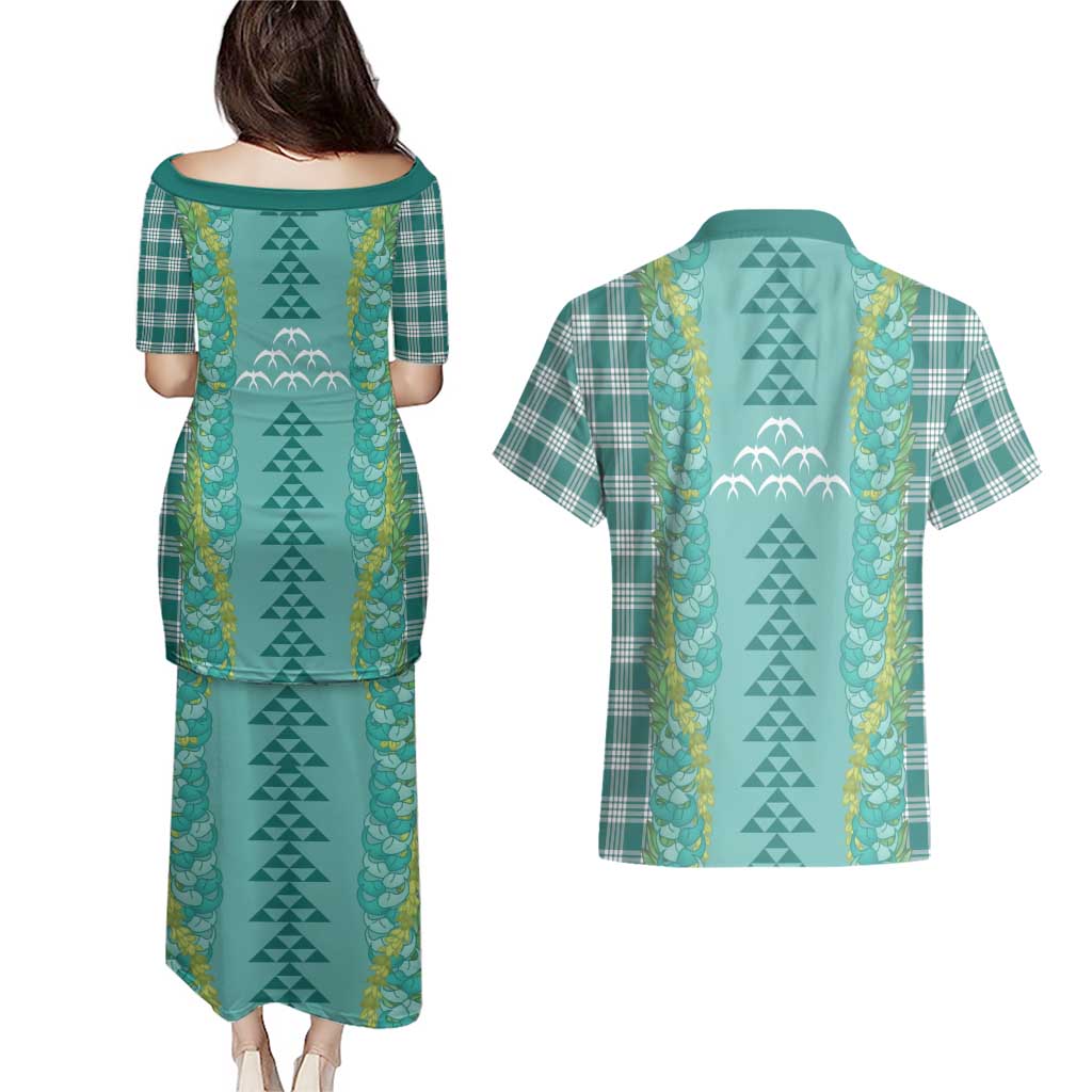 Teal Palaka Hawaii Iwa Bird Couples Matching Puletasi and Hawaiian Shirt Hawaiian Kakau Jade Vine Lei - Polynesian Pride