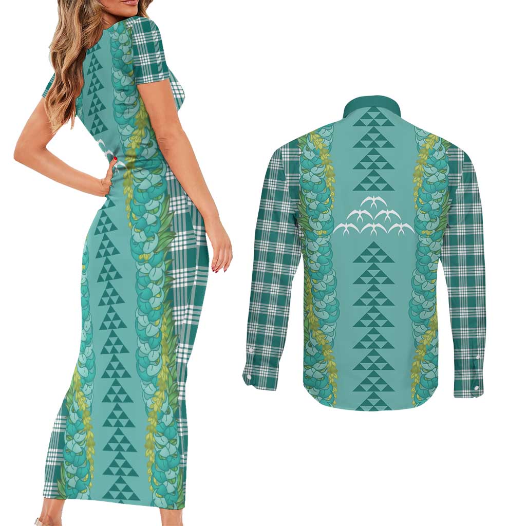 Teal Palaka Hawaii Iwa Bird Couples Matching Short Sleeve Bodycon Dress and Long Sleeve Button Shirt Hawaiian Kakau Jade Vine Lei - Polynesian Pride