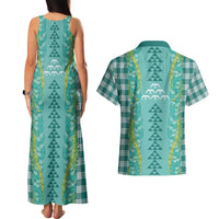 Teal Palaka Hawaii Iwa Bird Couples Matching Tank Maxi Dress and Hawaiian Shirt Hawaiian Kakau Jade Vine Lei - Polynesian Pride