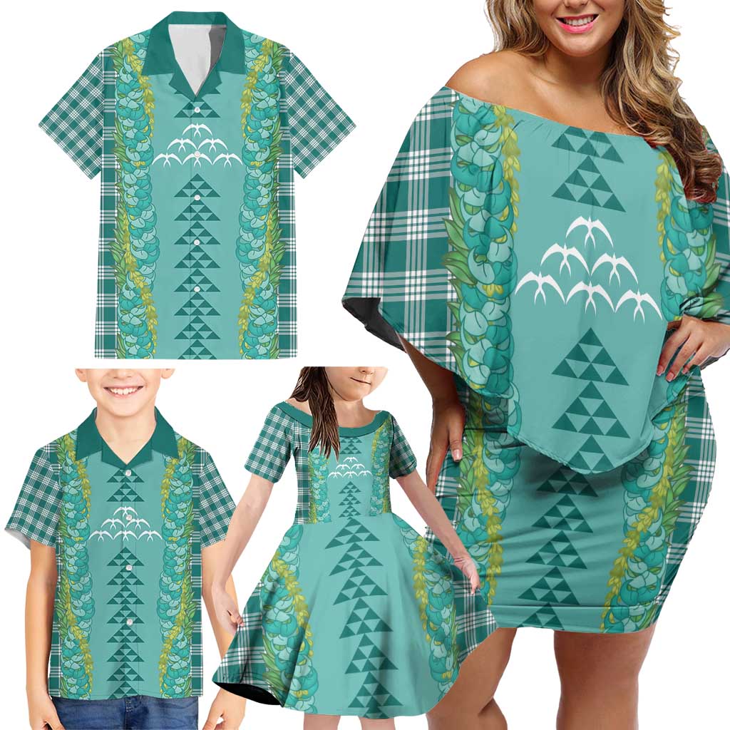 Teal Palaka Hawaii Iwa Bird Family Matching Off Shoulder Short Dress and Hawaiian Shirt Hawaiian Kakau Jade Vine Lei - Polynesian Pride