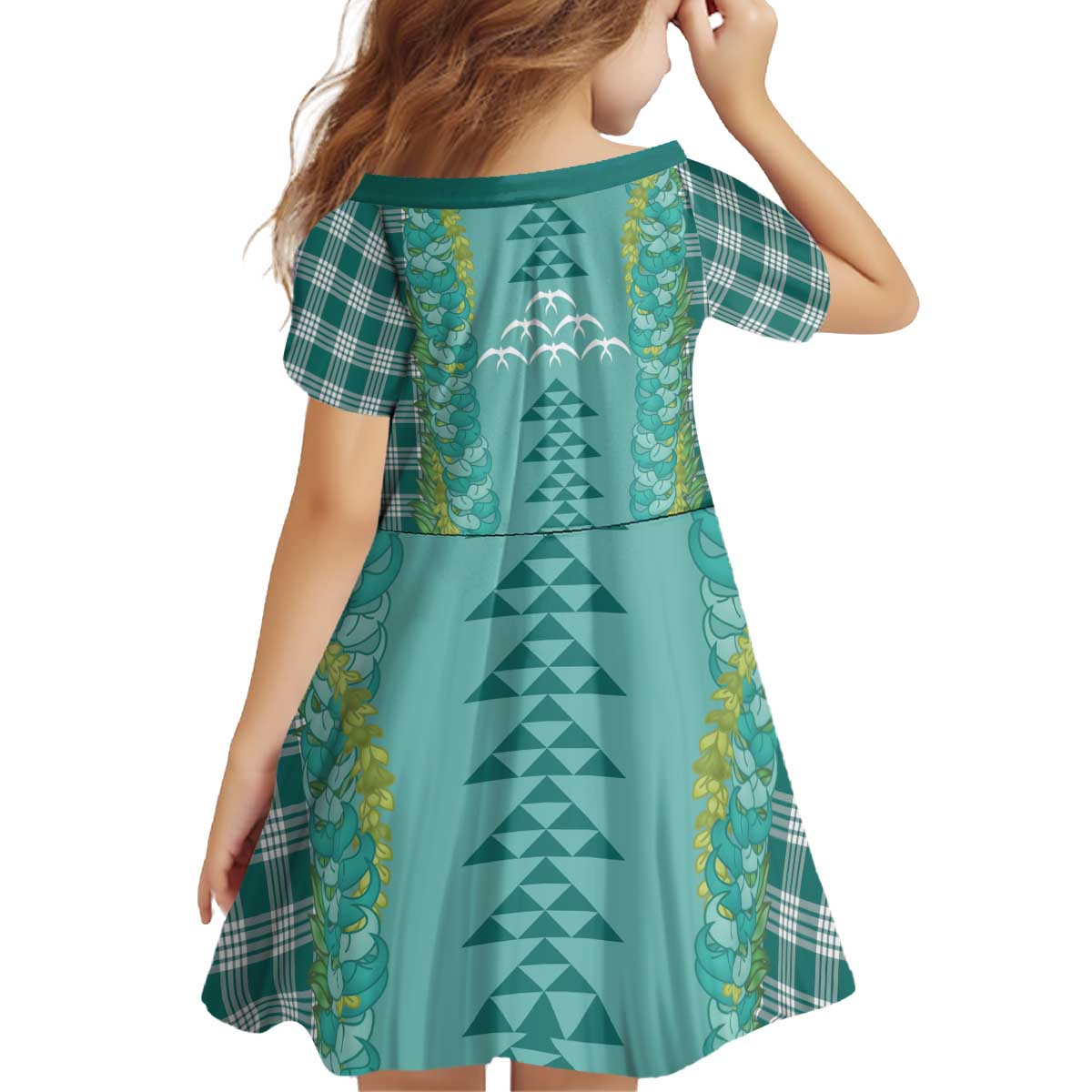 Teal Palaka Hawaii Iwa Bird Kid Short Sleeve Dress Hawaiian Kakau Jade Vine Lei LT14 - Polynesian Pride