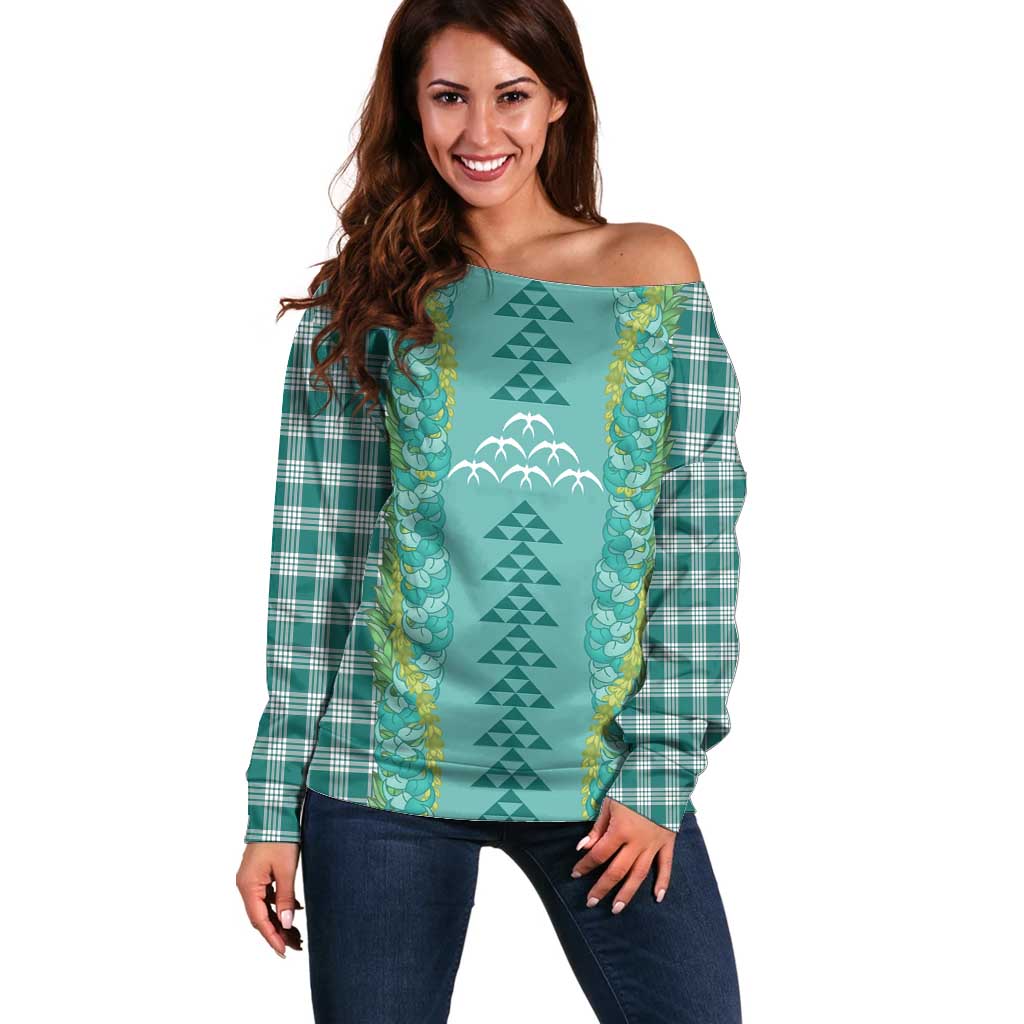 Teal Palaka Hawaii Iwa Bird Off Shoulder Sweater Hawaiian Kakau Jade Vine Lei LT14 Women Teal - Polynesian Pride