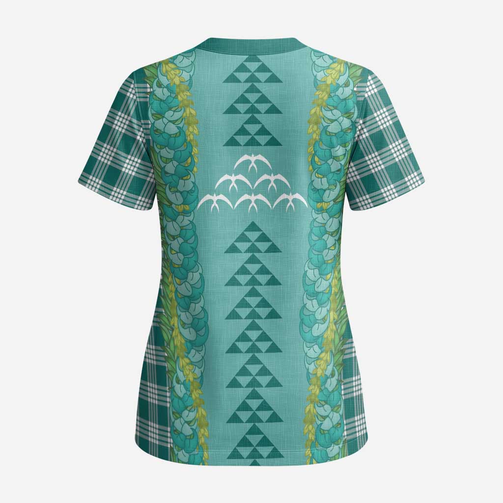 Teal Palaka Hawaii Iwa Bird Scrub Top Hawaiian Kakau Jade Vine Lei LT14 - Polynesian Pride