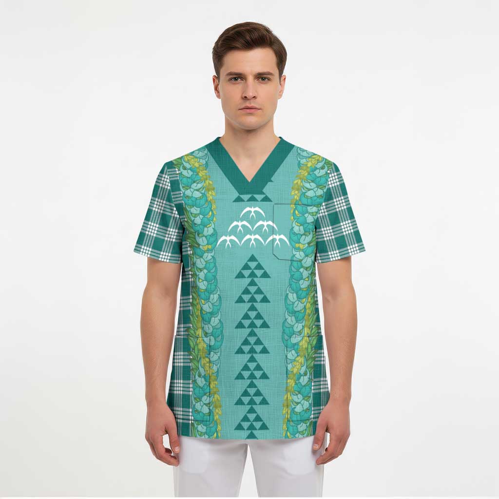 Teal Palaka Hawaii Iwa Bird Scrub Top Hawaiian Kakau Jade Vine Lei LT14 - Polynesian Pride