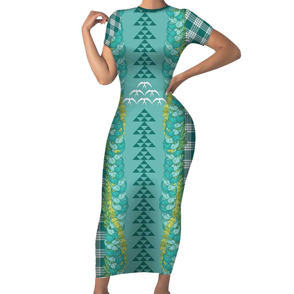Teal Palaka Hawaii Iwa Bird Short Sleeve Bodycon Dress Hawaiian Kakau Jade Vine Lei LT14 Long Dress Teal - Polynesian Pride