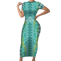 Teal Palaka Hawaii Iwa Bird Short Sleeve Bodycon Dress Hawaiian Kakau Jade Vine Lei LT14 Long Dress Teal - Polynesian Pride