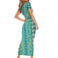 Teal Palaka Hawaii Iwa Bird Short Sleeve Bodycon Dress Hawaiian Kakau Jade Vine Lei LT14 - Polynesian Pride