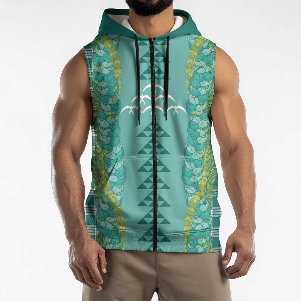 Teal Palaka Hawaii Iwa Bird Sleeveless Zip Hoodie Hawaiian Kakau Jade Vine Lei LT14 - Polynesian Pride