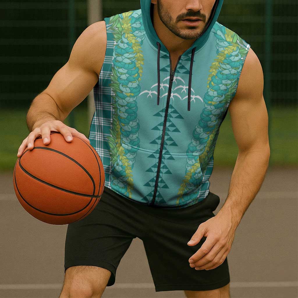Teal Palaka Hawaii Iwa Bird Sleeveless Zip Hoodie Hawaiian Kakau Jade Vine Lei LT14 - Polynesian Pride