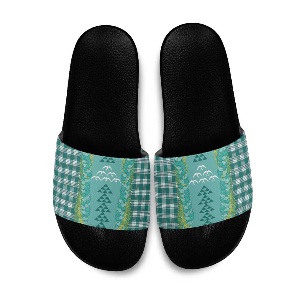 Teal Palaka Hawaii Iwa Bird Slide Sandals Hawaiian Kakau Jade Vine Lei - Polynesian Pride