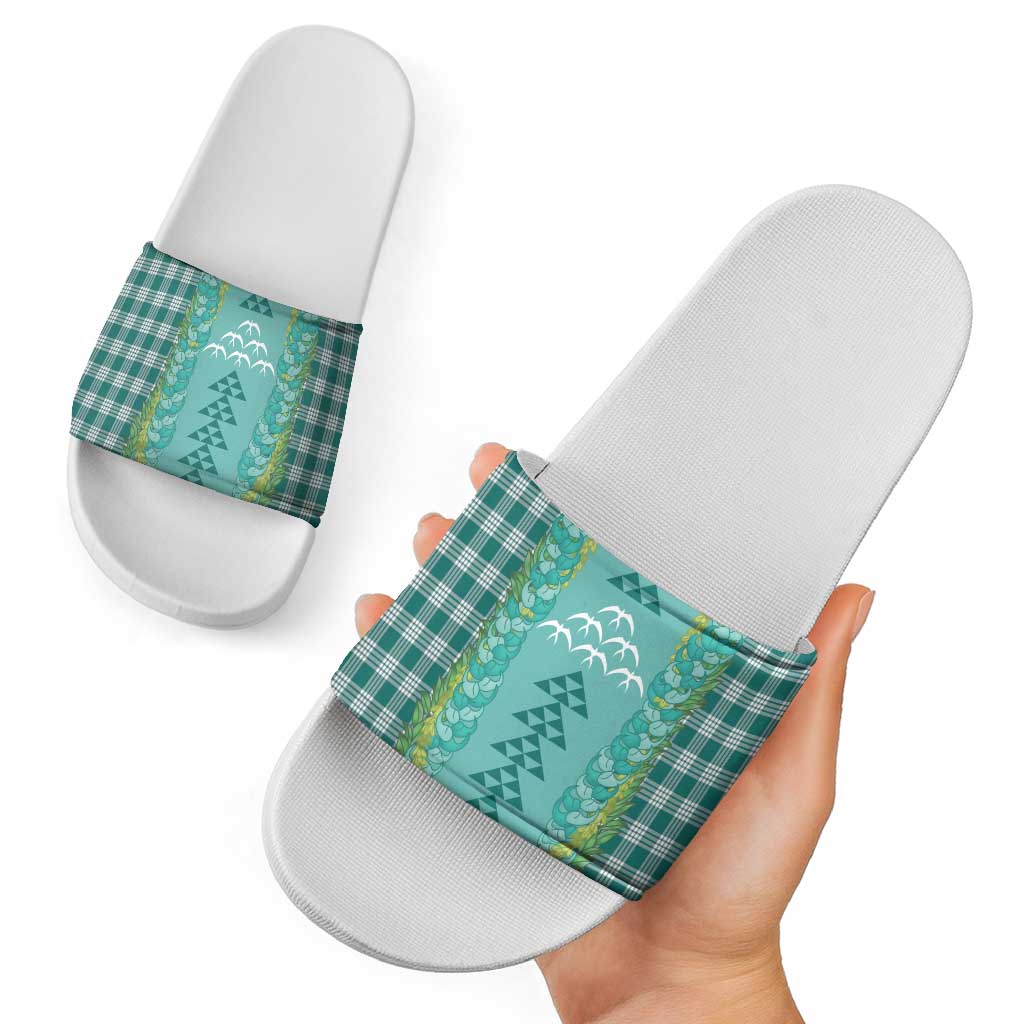 Teal Palaka Hawaii Iwa Bird Slide Sandals Hawaiian Kakau Jade Vine Lei LT14 - Polynesian Pride