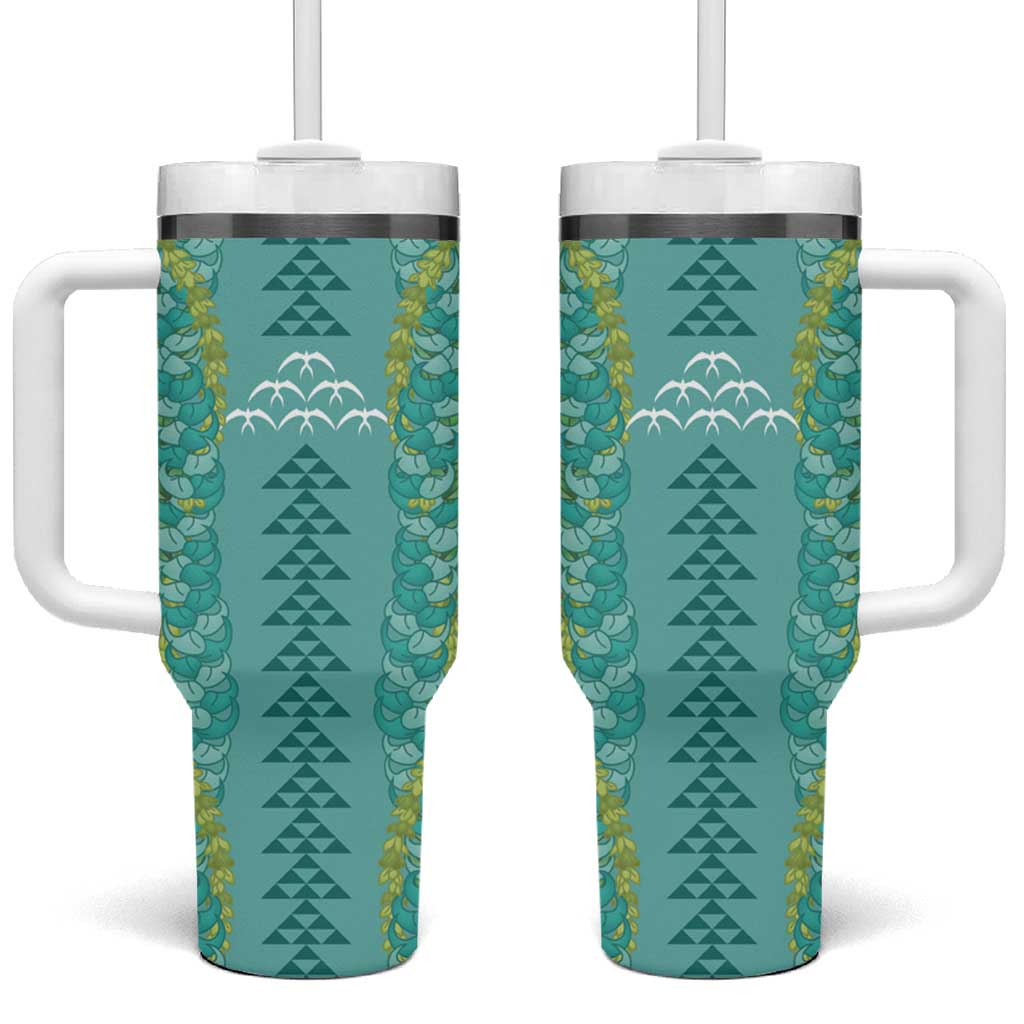 Teal Palaka Hawaii Iwa Bird Tumbler With Handle Hawaiian Kakau Jade Vine Lei LT14 One Size: 40 oz Teal - Polynesian Pride